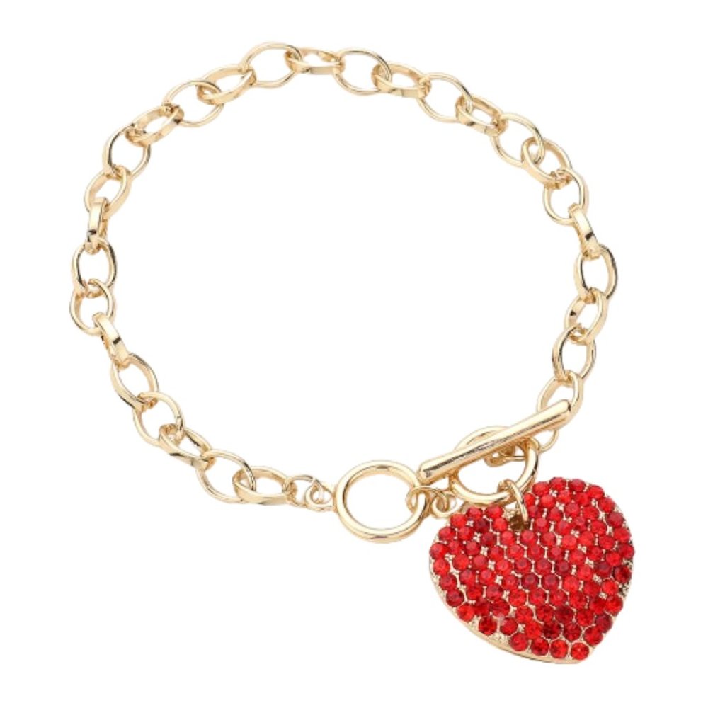 Stone Paved Heart Pendant Metal Toggle Women Bracelet Custom Jewelry
